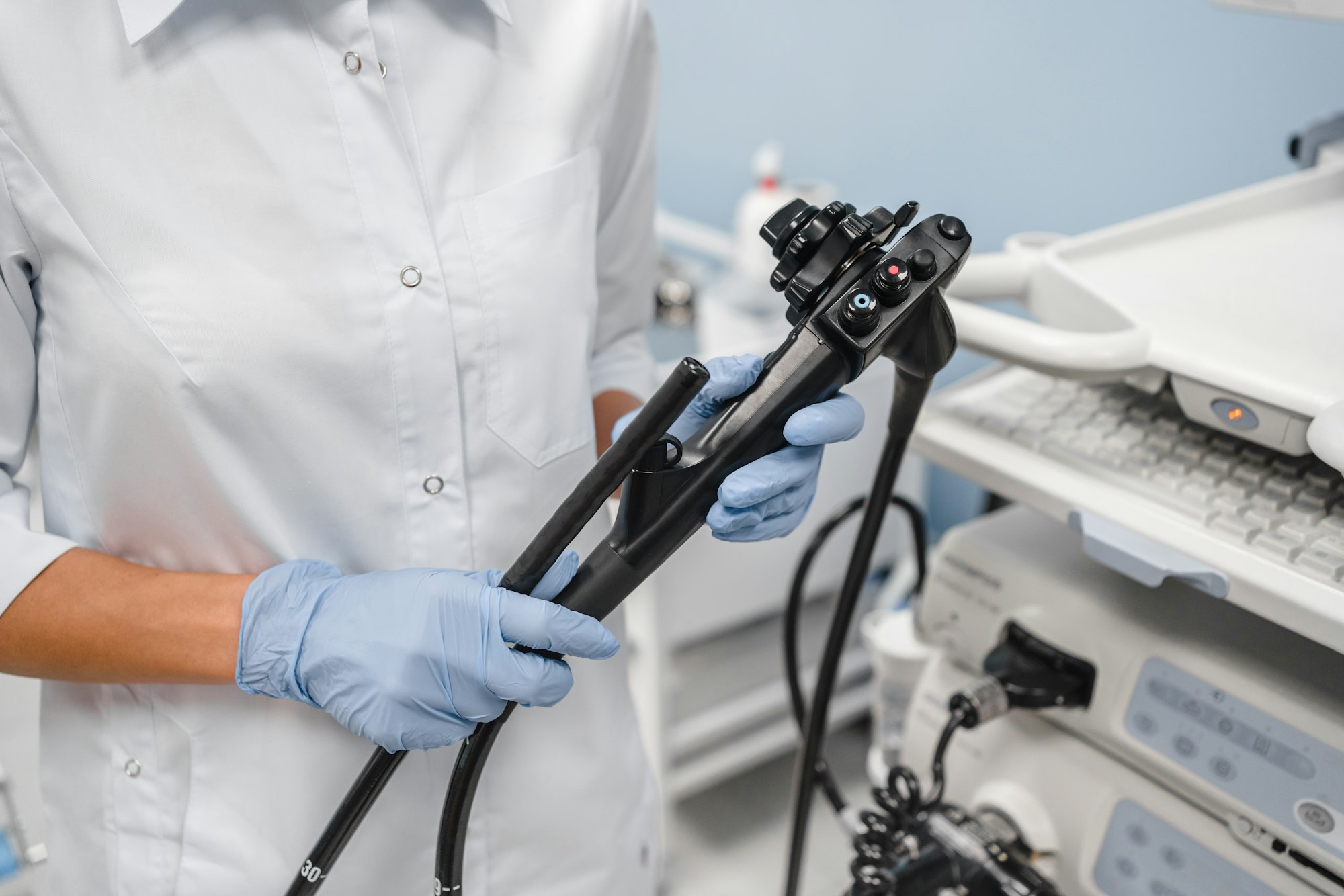 Cropped shot of instruments for diagnostic endoscopy gastroscopy colonoscopy close-up.